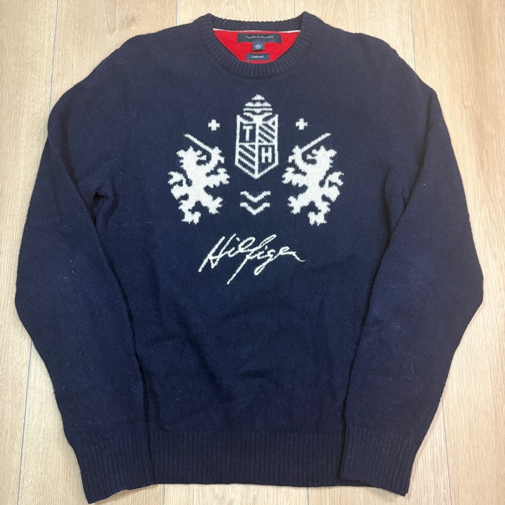 Tommy Hilfiger Mens Lambswool Crest Sweater Navy Blue Lion Graphic Medium Preppy